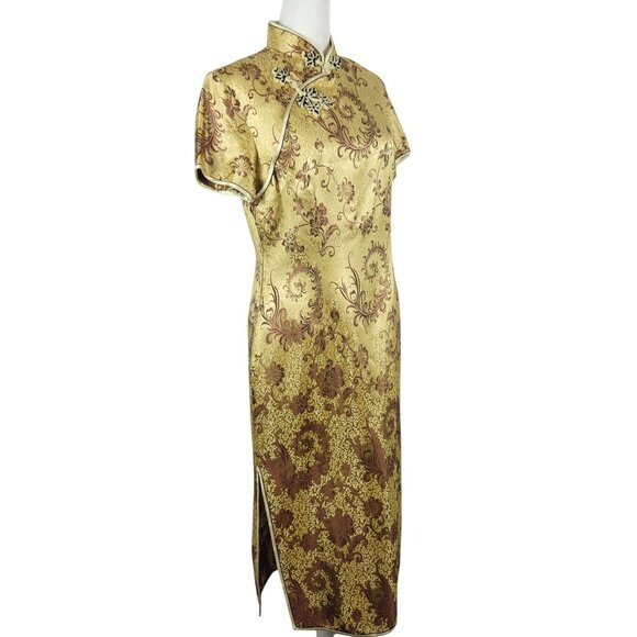 Modern Cheongsam Traditional Gold Brown Embroidery Floral Swirl Dress Korean 38 - Picture 2 of 16